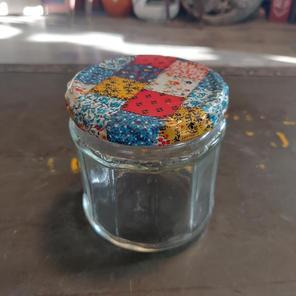 Vintage Cranston Print Works Patchwork Lid Glass Jelly Jar Faceted Storage 3.5in